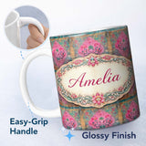 Personalized Custom Name Teal Pink Vintage Floral Frame Pattern Distressed Ornamental Lovely 11oz Ceramic Coffee Tea Mug White Large Handle
