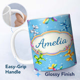 Personalized Custom Name Balloon Dog Seamless Pattern Blue Background Colorful Party Design 11oz Ceramic Coffee Tea Mug White Large Handle