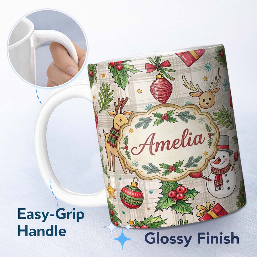 Personalized Custom Name Festive Christmas Reindeer Wreath Snowman Seamless Pattern Lovely 11oz Ceramic Coffee Tea Mug White Large Handle