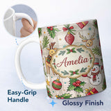 Personalized Custom Name Festive Christmas Reindeer Wreath Snowman Seamless Pattern Lovely 11oz Ceramic Coffee Tea Mug White Large Handle