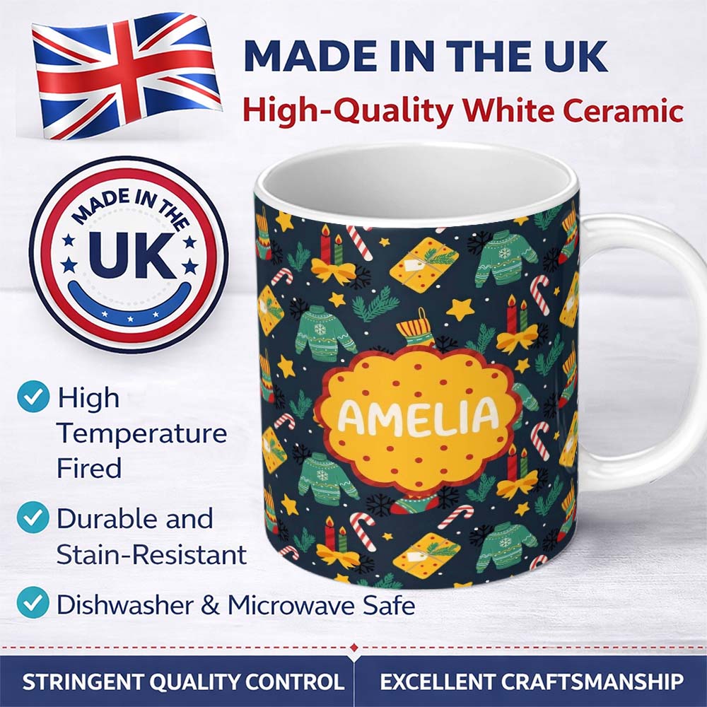 Personalized Custom Name Christmas Sweater Candle Gift Candy Cane Seamless Pattern Lovely 11oz Ceramic Coffee Tea Mug White Large Handle