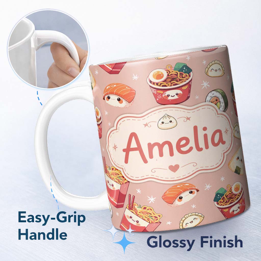 Personalized Custom Name Cute Kawaii Sushi Ramen Dumpling Food Beige Background Seamless 11oz Ceramic Coffee Tea Mug White Large Handle