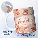 Personalized Custom Name Cute Kawaii Sushi Ramen Dumpling Food Beige Background Seamless 11oz Ceramic Coffee Tea Mug White Large Handle