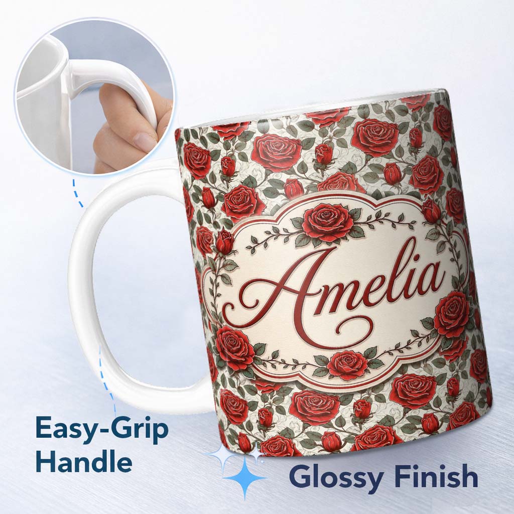 Personalized Custom Name Detailed Red Rose Floral Seamless Pattern with Vintage Style Lovely 11oz Ceramic Coffee Tea Mug White Large Handle
