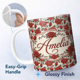 Personalized Custom Name Detailed Red Rose Floral Seamless Pattern with Vintage Style Lovely 11oz Ceramic Coffee Tea Mug White Large Handle