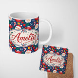 Personalized Custom Name Cute Santa Teapot Candy Cane Seamless Pattern Design Fun Christmas 11oz Ceramic Coffee Tea Mug White Large Handle