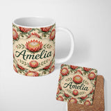 Personalized Custom Name Soft Red Protea Floral Botanical Seamless Pattern Cute Unique Gift 11oz Ceramic Coffee Tea Mug White Large Handle