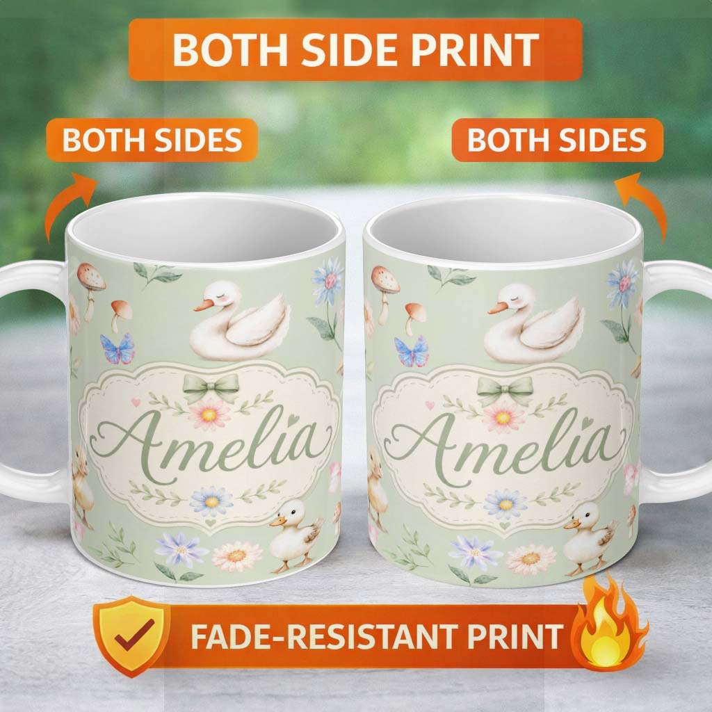 Personalized Custom Name Swan and Ducklings with Flowers Mushrooms Soft Sage Seamless 11oz Ceramic Coffee Tea Mug White Large Handle