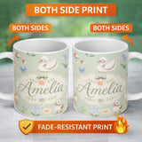 Personalized Custom Name Swan and Ducklings with Flowers Mushrooms Soft Sage Seamless 11oz Ceramic Coffee Tea Mug White Large Handle