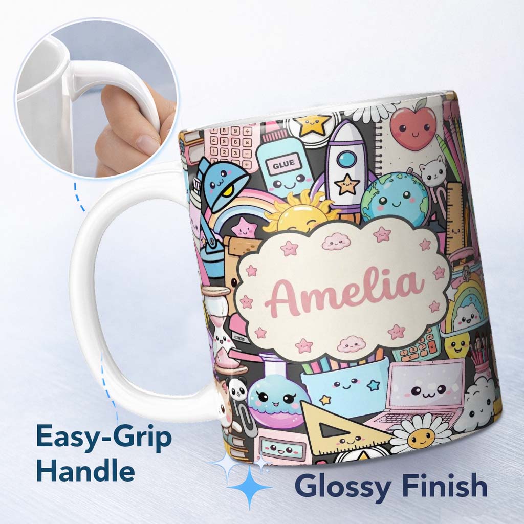 Personalized Custom Name Cute Kawaii School Supplies Science Art Cute Pattern Dark Background 11oz Ceramic Coffee Tea Mug White Large Handle