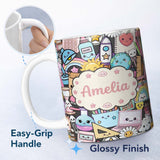 Personalized Custom Name Cute Kawaii School Supplies Science Art Cute Pattern Dark Background 11oz Ceramic Coffee Tea Mug White Large Handle