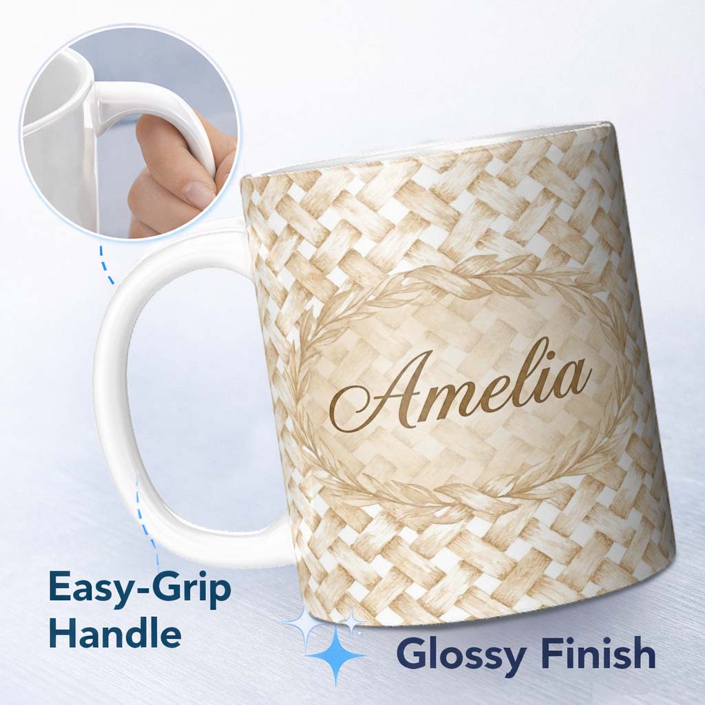 Personalized Custom Name Woven Basket Texture Natural Beige Seamless Pattern Cute Unique Gift 11oz Ceramic Coffee Tea Mug White Large Handle