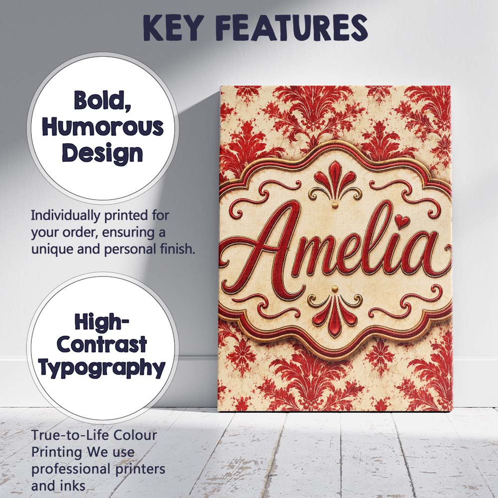 Personalised Name Classic Red Blue Damask Custom  Unique Gift Idea Elegant Feature Canvas Wall Art Print Decor Picture Ready to Hang