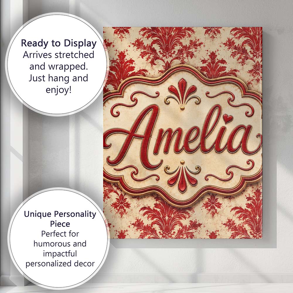 Personalised Name Classic Red Blue Damask Custom  Unique Gift Idea Elegant Feature Canvas Wall Art Print Decor Picture Ready to Hang
