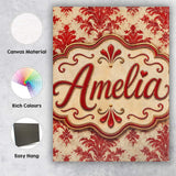 Personalised Name Classic Red Blue Damask Custom  Unique Gift Idea Elegant Feature Canvas Wall Art Print Decor Picture Ready to Hang
