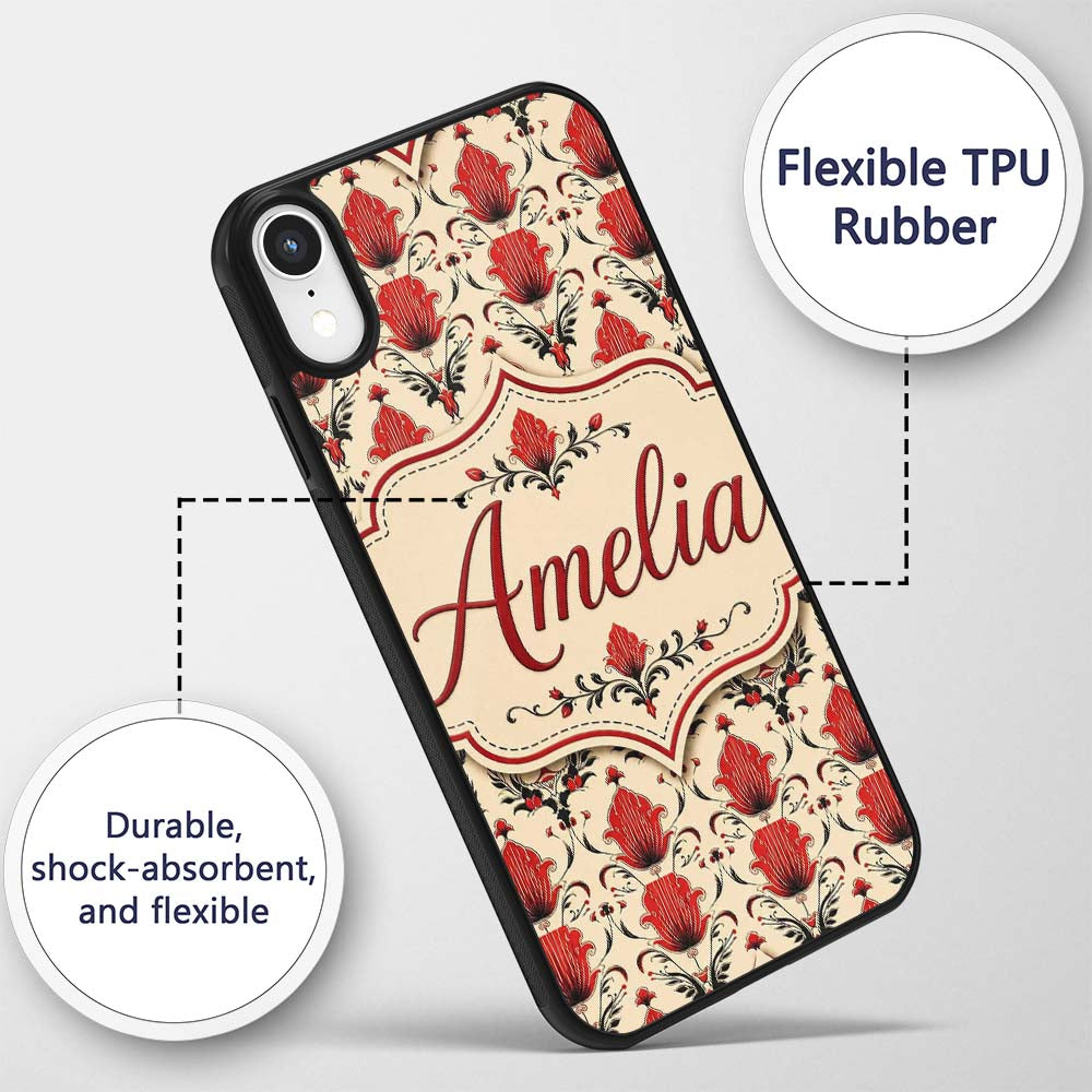 Distressed Red Damask Vintage Texture Seamless Custom Name Protective Phone Case Mobile Cover Durable Everyday Smartphone Shock Resistant