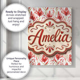 Personalised Name Elegant Red Black Floral Custom  Bespoke Contemporary Statement Canvas Wall Art Print Decor Picture Ready to Hang