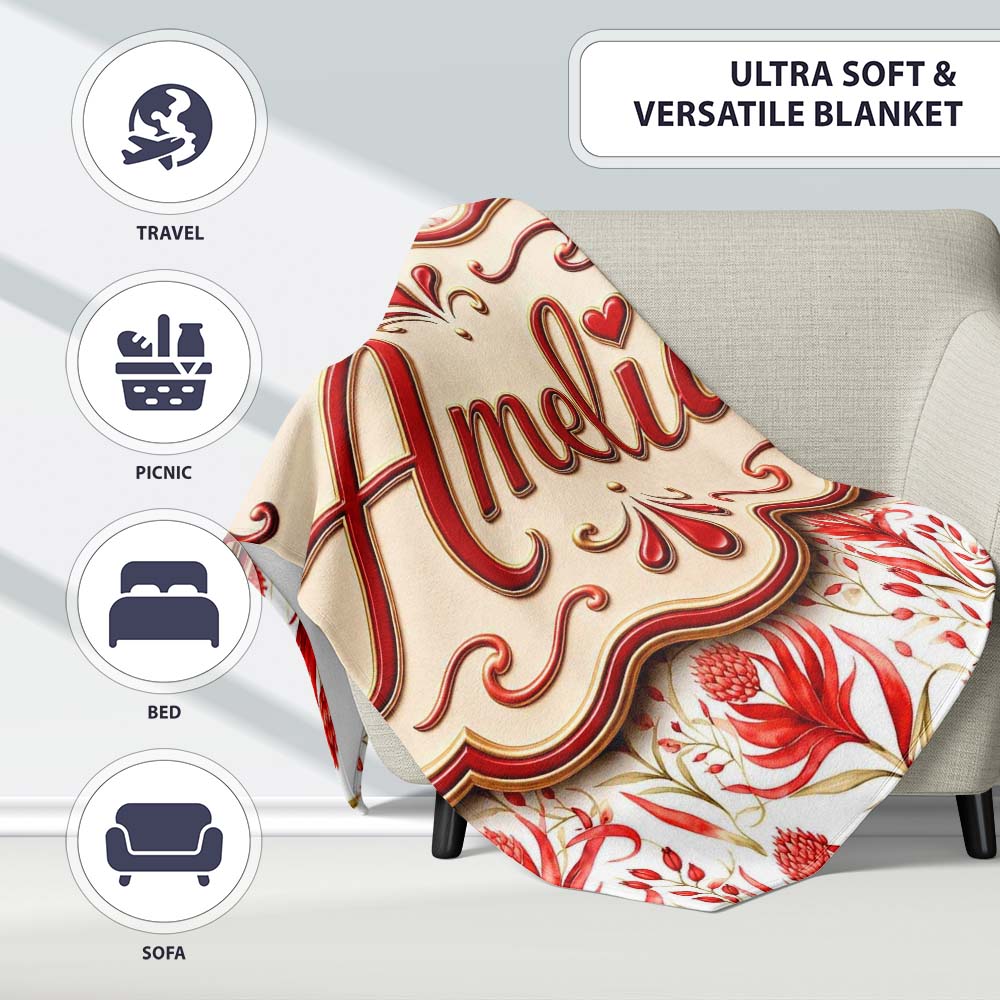 Elegant Red Black Floral Scroll Seamless Pattern Cute Unique Gift  Personalised Custom Name Super Soft Fleece Blanket Bed Sofa Throw