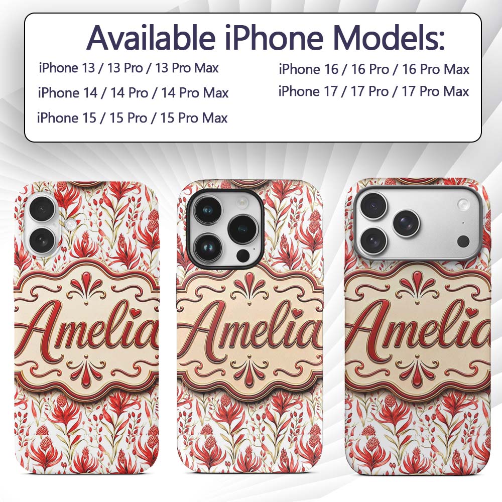 Elegant Red Black Floral Scroll Seamless Pattern Custom Name Protective Phone Case Mobile Cover Durable Everyday Smartphone Shock Resistant