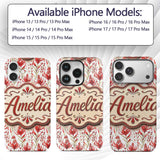 Elegant Red Black Floral Scroll Seamless Pattern Custom Name Protective Phone Case Mobile Cover Durable Everyday Smartphone Shock Resistant