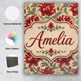 Personalised Name Watercolor Red Botanical Custom  Unique Gift Idea Elegant Feature Canvas Wall Art Print Decor Picture Ready to Hang