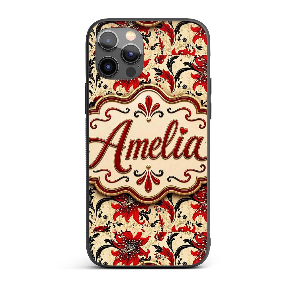 Detailed Red Peony Floral Vintage Printed Design Custom Name Protective Phone Case Mobile Cover Durable Everyday Smartphone Shock Resistant