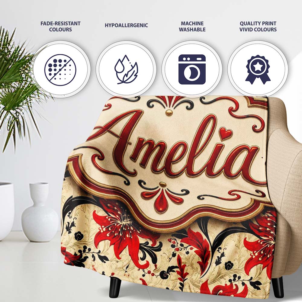 Detailed Red Peony Floral Vintage Seamless Pattern Cute Unique Gift  Personalised Custom Name Super Soft Fleece Blanket Bed Sofa Throw