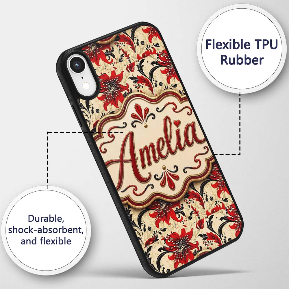 Detailed Red Peony Floral Vintage Printed Design Custom Name Protective Phone Case Mobile Cover Durable Everyday Smartphone Shock Resistant