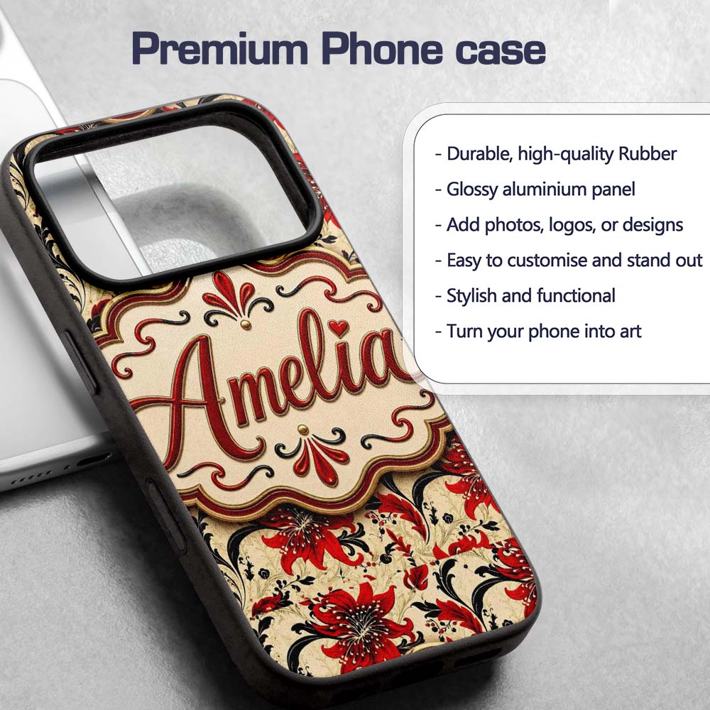 Detailed Red Peony Floral Vintage Printed Design Custom Name Protective Phone Case Mobile Cover Durable Everyday Smartphone Shock Resistant