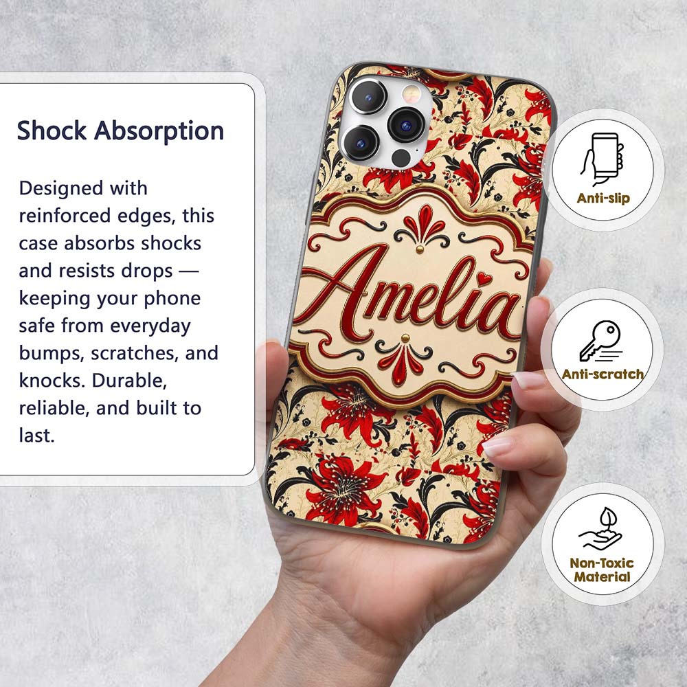 Detailed Red Peony Floral Vintage Printed Design Custom Name Protective Phone Case Mobile Cover Durable Everyday Smartphone Shock Resistant