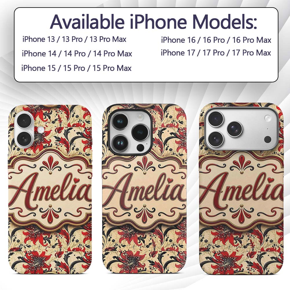 Detailed Red Peony Floral Vintage Printed Design Custom Name Protective Phone Case Mobile Cover Durable Everyday Smartphone Shock Resistant
