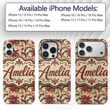 Detailed Red Peony Floral Vintage Printed Design Custom Name Protective Phone Case Mobile Cover Durable Everyday Smartphone Shock Resistant