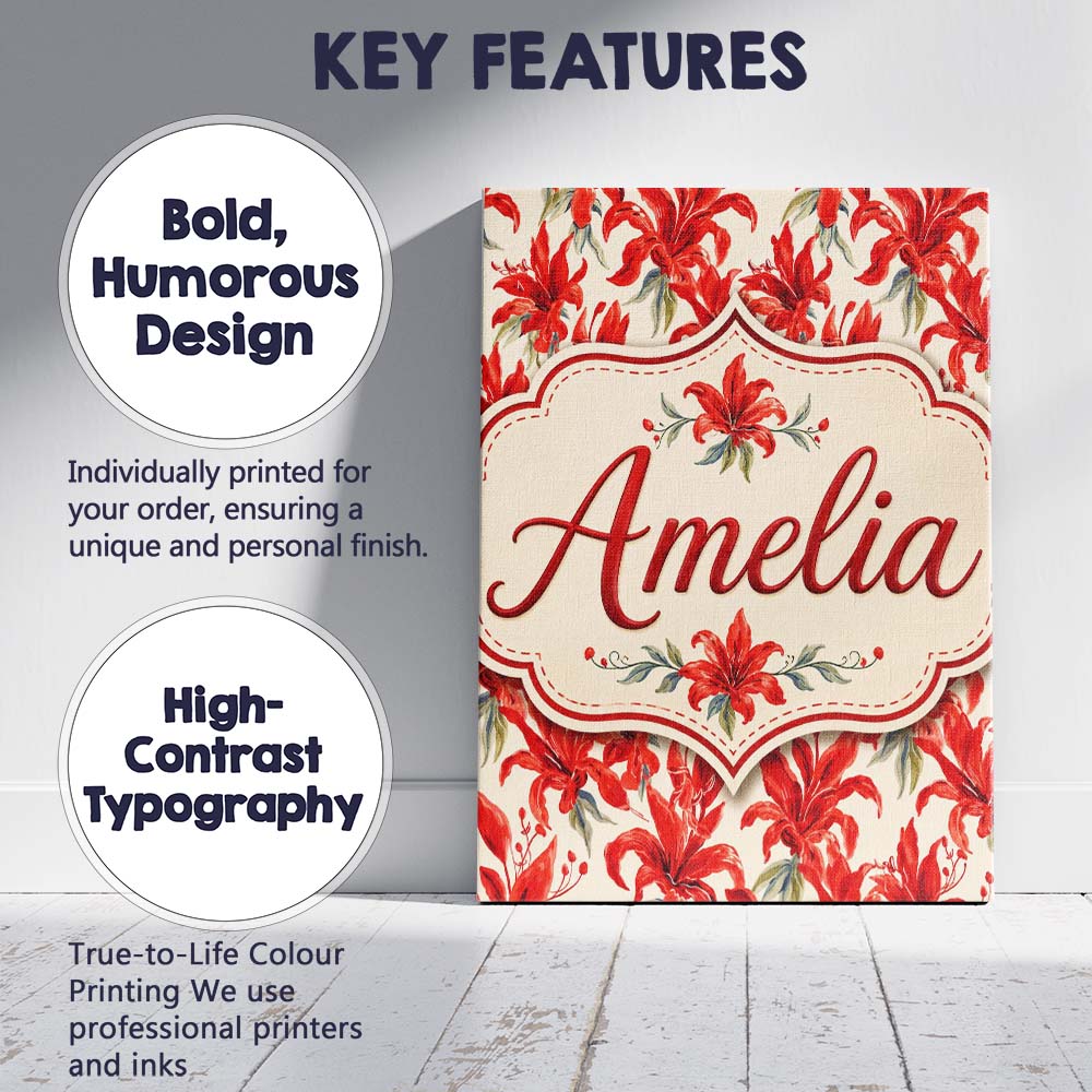 Personalised Name Bold Red Lily Watercolor Custom  Unique Gift Idea Elegant Feature Canvas Wall Art Print Decor Picture Ready to Hang
