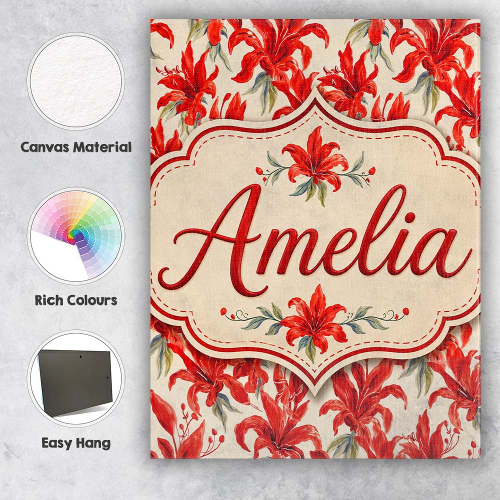 Personalised Name Bold Red Lily Watercolor Custom  Unique Gift Idea Elegant Feature Canvas Wall Art Print Decor Picture Ready to Hang