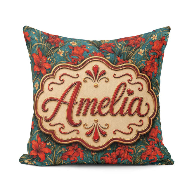 Custom Name Red Lily Floral Garden Teal Seamless Pattern Lovely Square Filled Cushion Throw Pillow Sofa Bed Home Decor Zip Washable UK Made