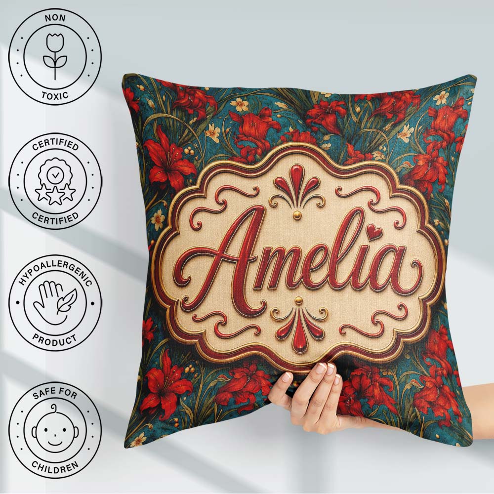 Custom Name Red Lily Floral Garden Teal Seamless Pattern Lovely Square Filled Cushion Throw Pillow Sofa Bed Home Decor Zip Washable UK Made