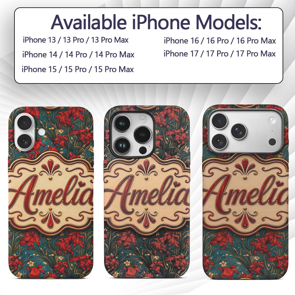 Red Lily Floral Garden Teal Background Seamless Custom Name Protective Phone Case Mobile Cover Durable Everyday Smartphone Shock Resistant