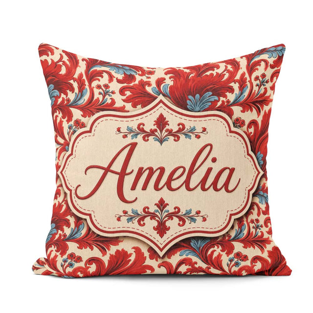 Custom Name Classic Red Blue Damask Ornamental Seamless Pattern Square Filled Cushion Throw Pillow Sofa Bed Home Decor Zip Washable UK Made