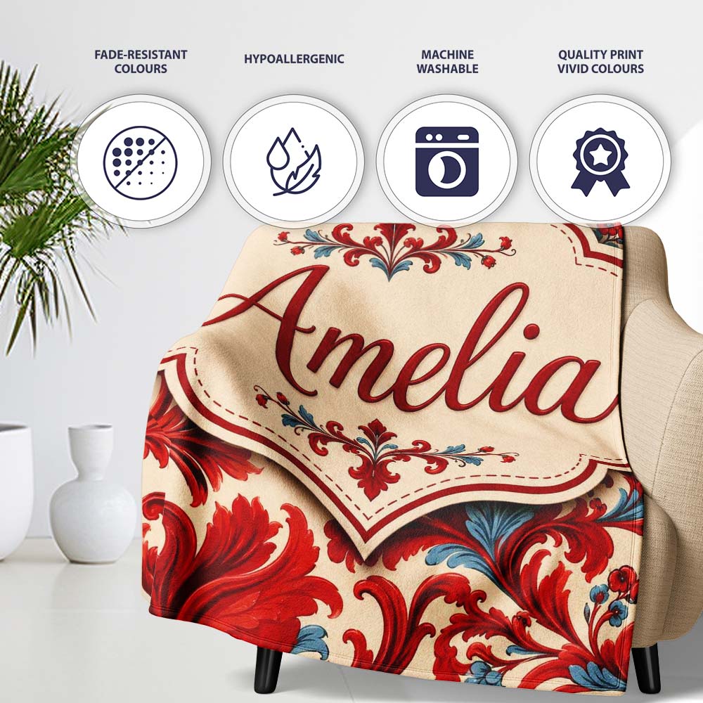 Classic Red Blue Damask Ornamental Scroll Seamless Pattern Lovely  Personalised Custom Name Super Soft Fleece Blanket Bed Sofa Throw