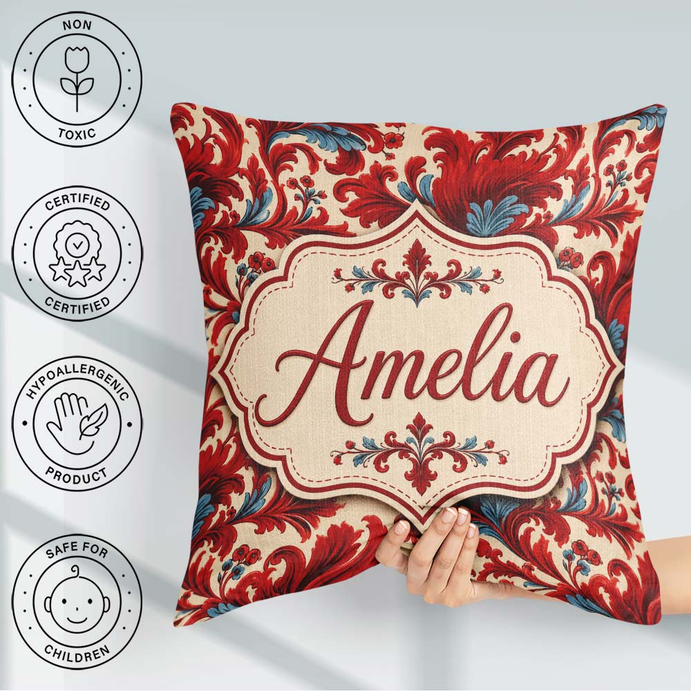 Custom Name Classic Red Blue Damask Ornamental Seamless Pattern Square Filled Cushion Throw Pillow Sofa Bed Home Decor Zip Washable UK Made