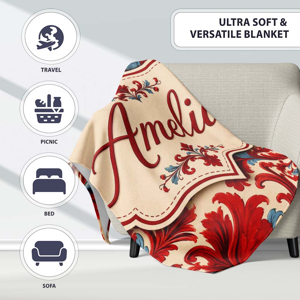 Classic Red Blue Damask Ornamental Scroll Seamless Pattern Lovely  Personalised Custom Name Super Soft Fleece Blanket Bed Sofa Throw