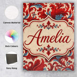 Personalised Name Classic Red Blue Damask Custom  Unique Gift Idea Elegant Feature Canvas Wall Art Print Decor Picture Ready to Hang