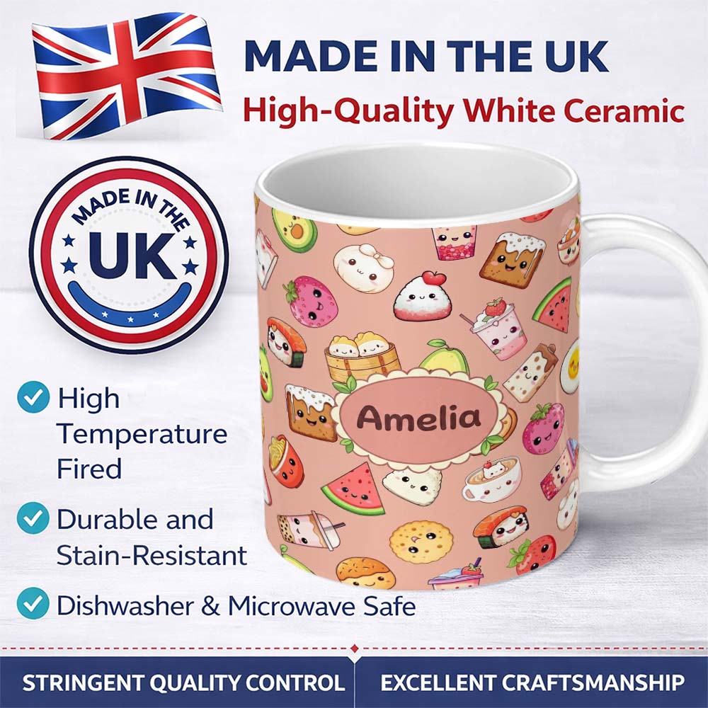 Personalized Custom Name Cute Kawaii Food Characters Seamless Pattern Peach Background Fun 11oz Ceramic Coffee Tea Mug White Large Handle