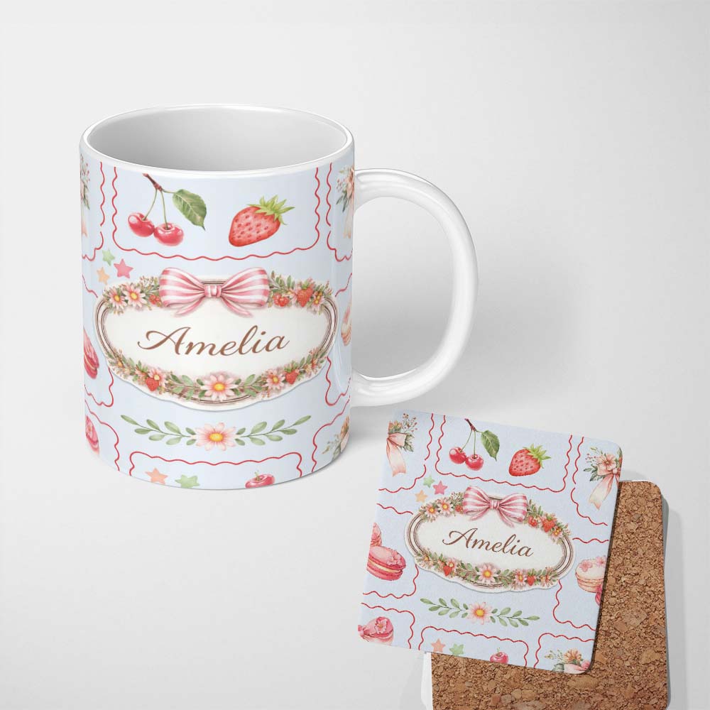 Personalized Custom Name Bear Postage Stamp Seamless Pattern Vintage Woodland Wildlife Design 11oz Ceramic Coffee Tea Mug White Large Handle