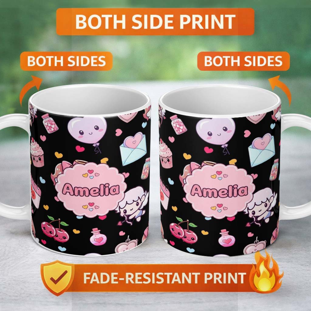 Personalized Custom Name Cute Cupid Angels Hearts Sweets Balloon Love Elements Pattern Black 11oz Ceramic Coffee Tea Mug White Large Handle