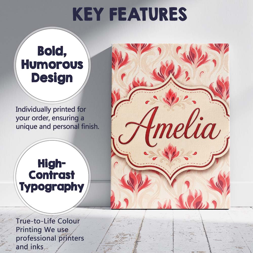 Personalised Name Soft Red Floral Vine Custom  Modern Room Accent Elegant Feature Canvas Wall Art Print Decor Picture Ready to Hang