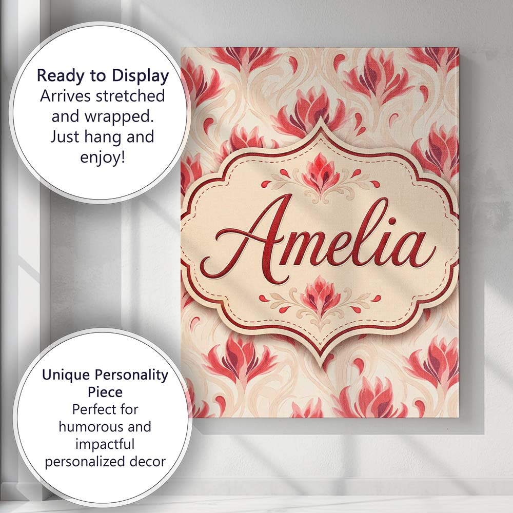 Personalised Name Soft Red Floral Vine Custom  Modern Room Accent Elegant Feature Canvas Wall Art Print Decor Picture Ready to Hang