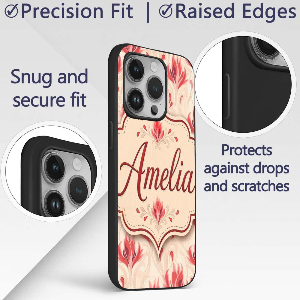 Soft Red Floral Vine Cream Background Seamless Custom Name Protective Phone Case Mobile Cover Durable Everyday Smartphone Shock Resistant