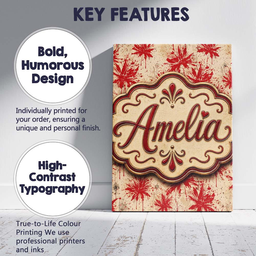 Personalised Name Grunge Red Floral Splash Custom  Unique Gift Idea Elegant Feature Canvas Wall Art Print Decor Picture Ready to Hang