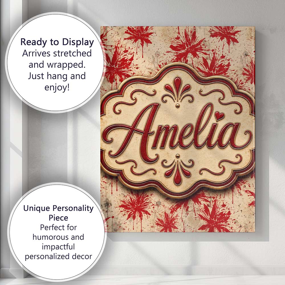 Personalised Name Grunge Red Floral Splash Custom  Unique Gift Idea Elegant Feature Canvas Wall Art Print Decor Picture Ready to Hang